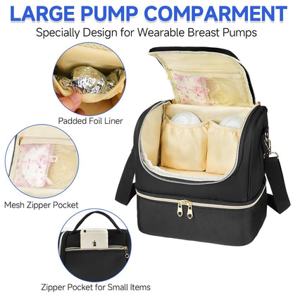 Wearable Breast Pump Bag with Cooler Compartment Fits for Willow/Eufy/Elvie/Momcozy M5/S12 Pro/Medela, Breast Milk Travel Tote Bag with Ice Pack & Waterproof Mat,Black
