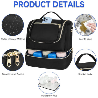 Wearable Breast Pump Bag with Cooler Compartment Fits for Willow/Eufy/Elvie/Momcozy M5/S12 Pro/Medela, Breast Milk Travel Tote Bag with Ice Pack & Waterproof Mat,Black