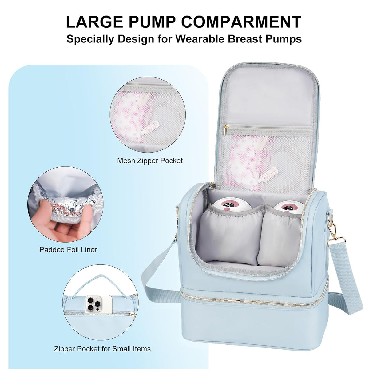 Wearable Breast Pump Bag with Cooler Compartment Fits for Willow/Eufy/Elvie/Momcozy M5/S12 Pro/Medela, Breast Milk Travel Tote Bag with Ice Pack & Waterproof Mat,Black