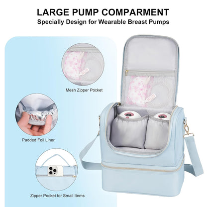 Wearable Breast Pump Bag with Cooler Compartment Fits for Willow/Eufy/Elvie/Momcozy M5/S12 Pro/Medela, Breast Milk Travel Tote Bag with Ice Pack & Waterproof Mat,Black