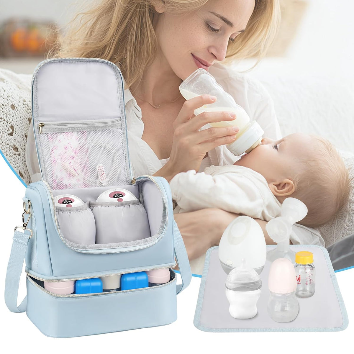 Wearable Breast Pump Bag with Cooler Compartment Fits for Willow/Eufy/Elvie/Momcozy M5/S12 Pro/Medela, Breast Milk Travel Tote Bag with Ice Pack & Waterproof Mat,Black