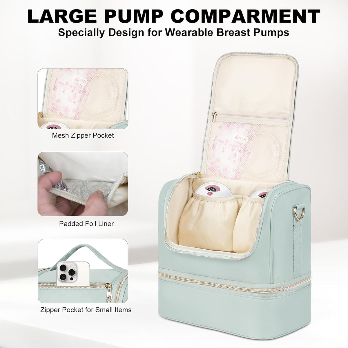 Wearable Breast Pump Bag with Cooler Compartment Fits for Willow/Eufy/Elvie/Momcozy M5/S12 Pro/Medela, Breast Milk Travel Tote Bag with Ice Pack & Waterproof Mat,Black