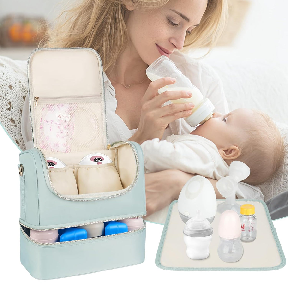 Wearable Breast Pump Bag with Cooler Compartment Fits for Willow/Eufy/Elvie/Momcozy M5/S12 Pro/Medela, Breast Milk Travel Tote Bag with Ice Pack & Waterproof Mat,Black