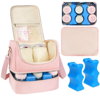 Wearable Breast Pump Bag with Cooler Compartment Fits for Willow/Eufy/Elvie/Momcozy M5/S12 Pro/Medela, Breast Milk Travel Tote Bag with Ice Pack & Waterproof Mat,Black