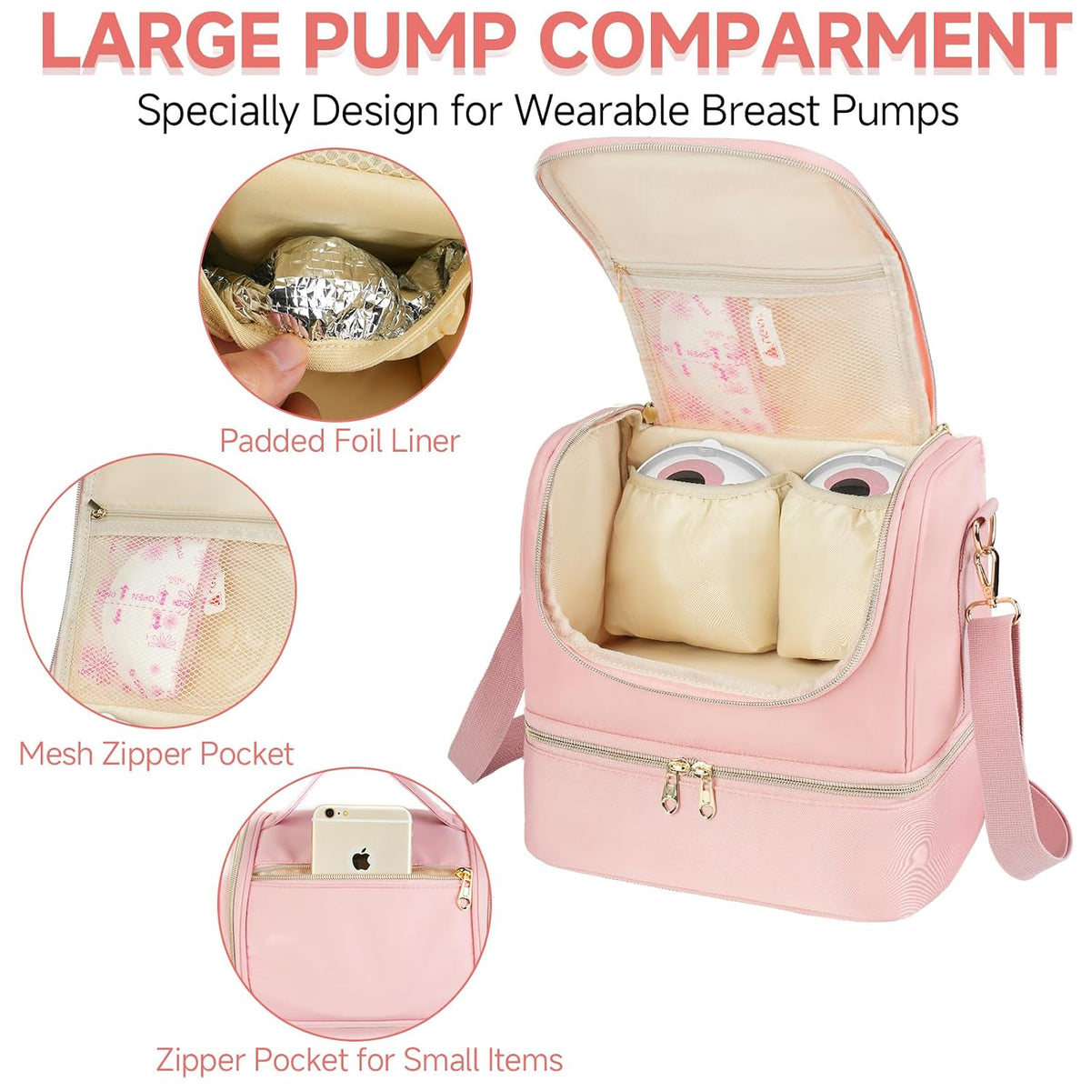 Wearable Breast Pump Bag with Cooler Compartment Fits for Willow/Eufy/Elvie/Momcozy M5/S12 Pro/Medela, Breast Milk Travel Tote Bag with Ice Pack & Waterproof Mat,Black