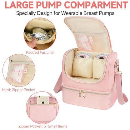 Wearable Breast Pump Bag with Cooler Compartment Fits for Willow/Eufy/Elvie/Momcozy M5/S12 Pro/Medela, Breast Milk Travel Tote Bag with Ice Pack & Waterproof Mat,Black
