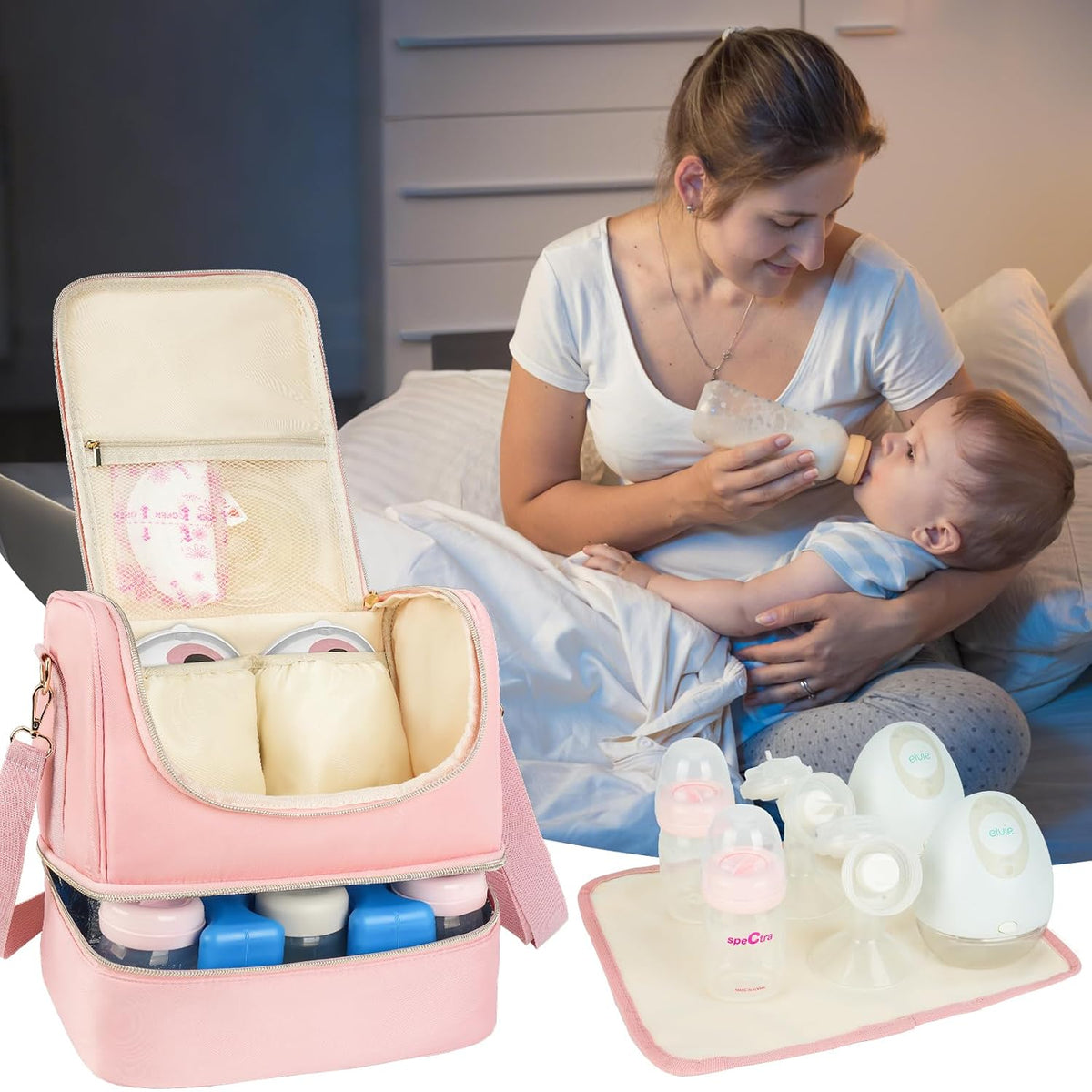 Wearable Breast Pump Bag with Cooler Compartment Fits for Willow/Eufy/Elvie/Momcozy M5/S12 Pro/Medela, Breast Milk Travel Tote Bag with Ice Pack & Waterproof Mat,Black
