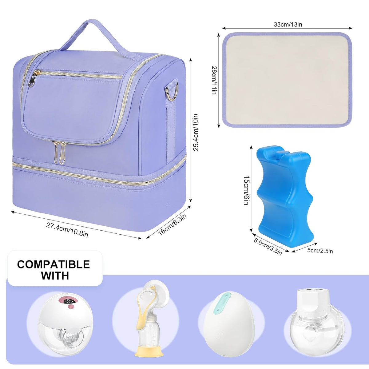 Wearable Breast Pump Bag with Cooler Compartment Fits for Willow/Eufy/Elvie/Momcozy M5/S12 Pro/Medela, Breast Milk Travel Tote Bag with Ice Pack & Waterproof Mat,Black