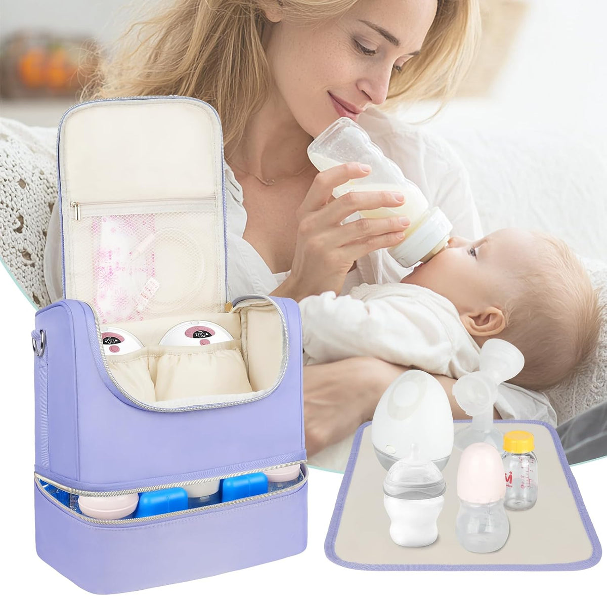 Wearable Breast Pump Bag with Cooler Compartment Fits for Willow/Eufy/Elvie/Momcozy M5/S12 Pro/Medela, Breast Milk Travel Tote Bag with Ice Pack & Waterproof Mat,Black