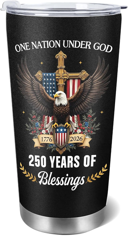 250 Years America Anniversary Tumbler, 20oz USA 250th Birthday Stainless Steel Insulated Tumbler, One Nation Under God Office Decor Desk Accessories Gifts for Coworkers