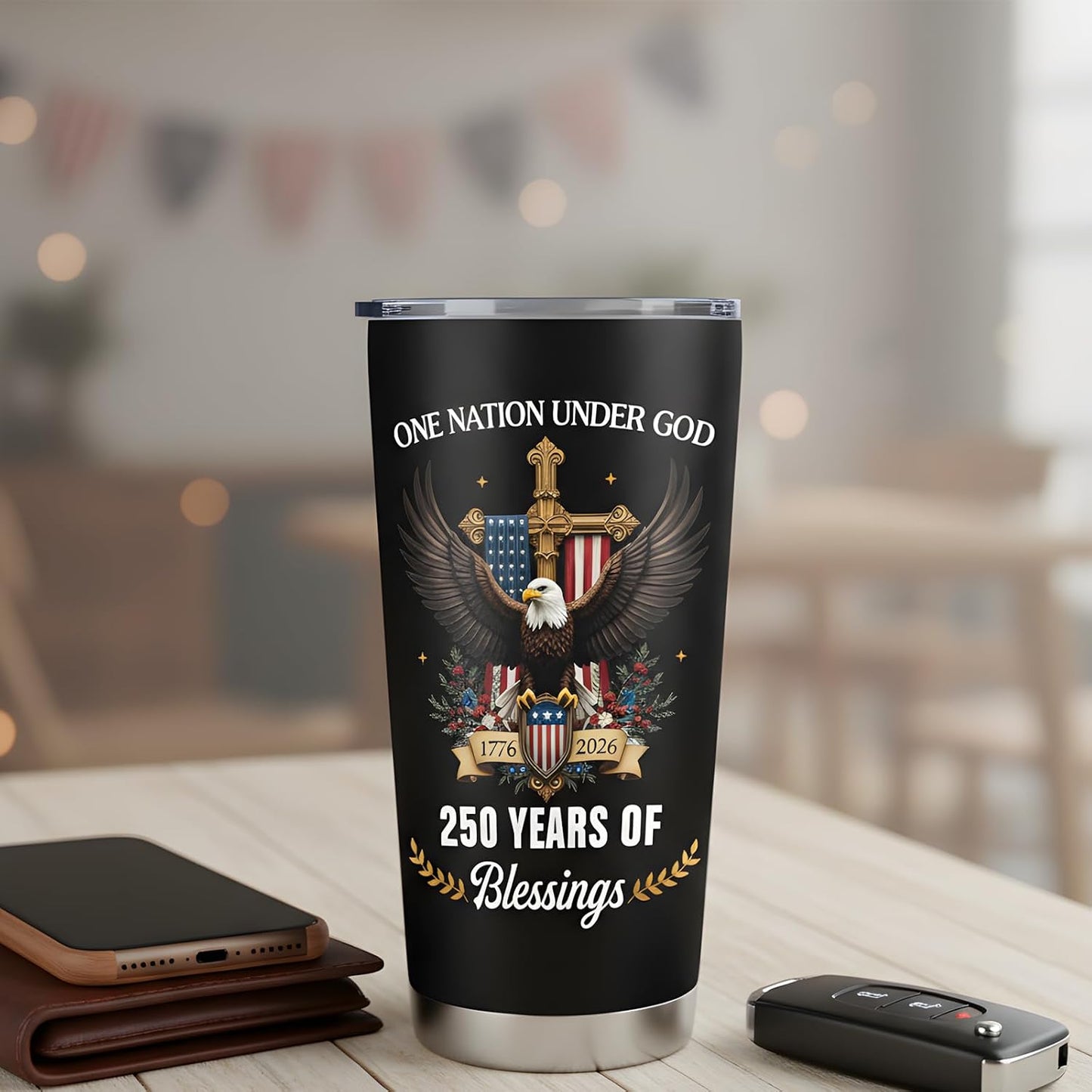 250 Years America Anniversary Tumbler, 20oz USA 250th Birthday Stainless Steel Insulated Tumbler, One Nation Under God Office Decor Desk Accessories Gifts for Coworkers