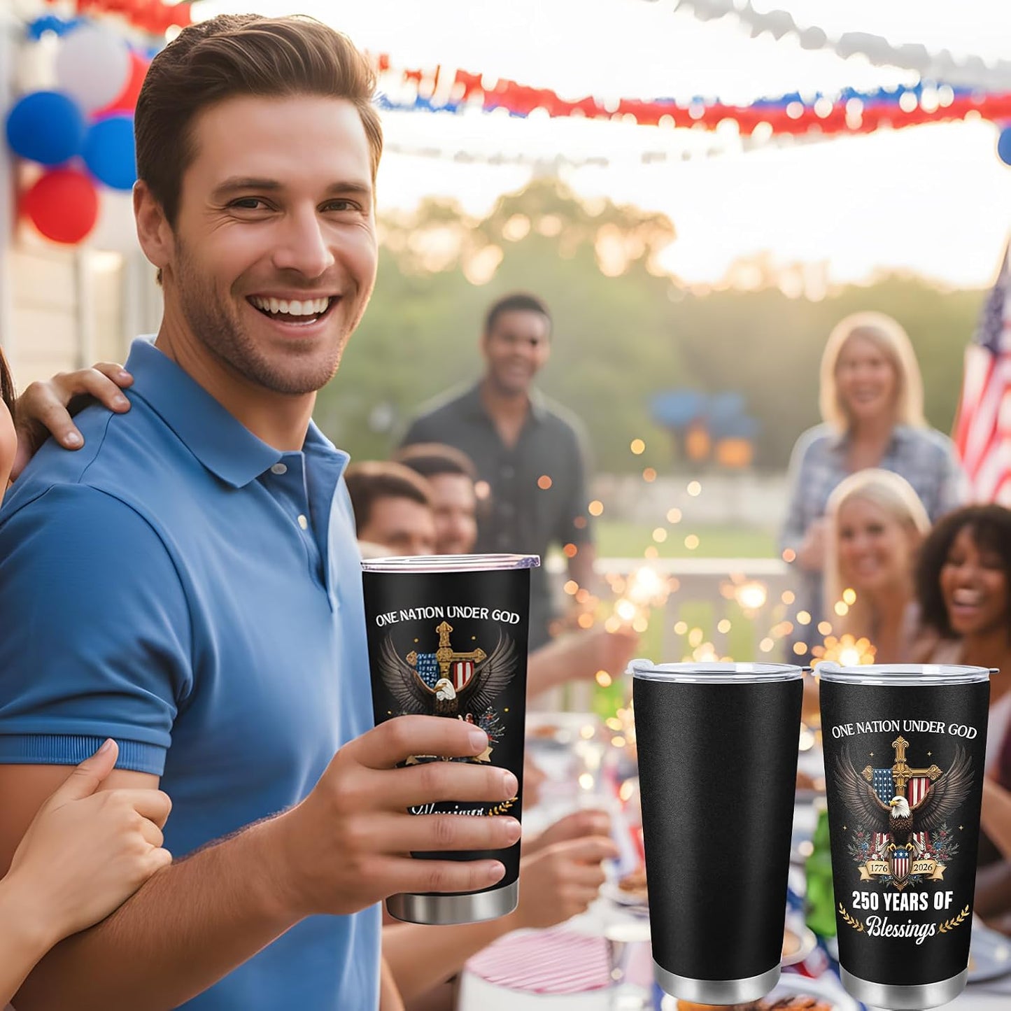 250 Years America Anniversary Tumbler, 20oz USA 250th Birthday Stainless Steel Insulated Tumbler, One Nation Under God Office Decor Desk Accessories Gifts for Coworkers