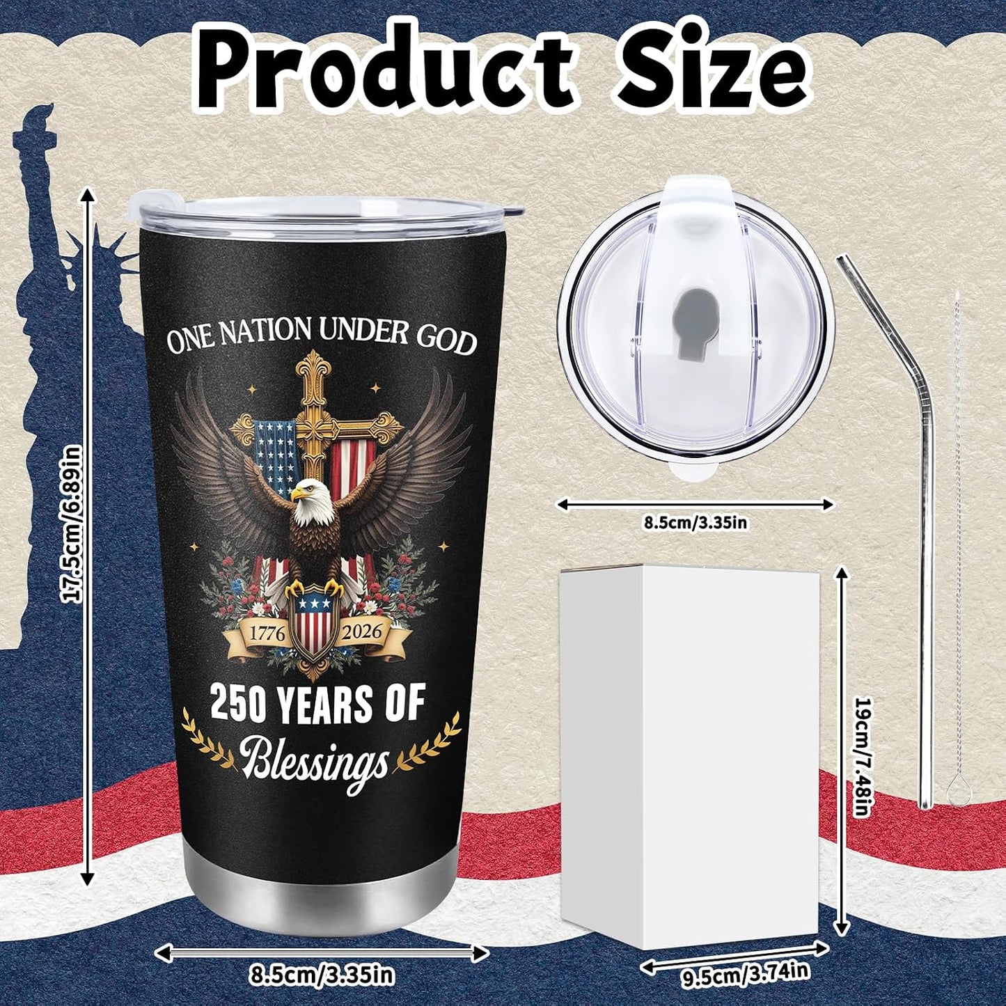 250 Years America Anniversary Tumbler, 20oz USA 250th Birthday Stainless Steel Insulated Tumbler, One Nation Under God Office Decor Desk Accessories Gifts for Coworkers