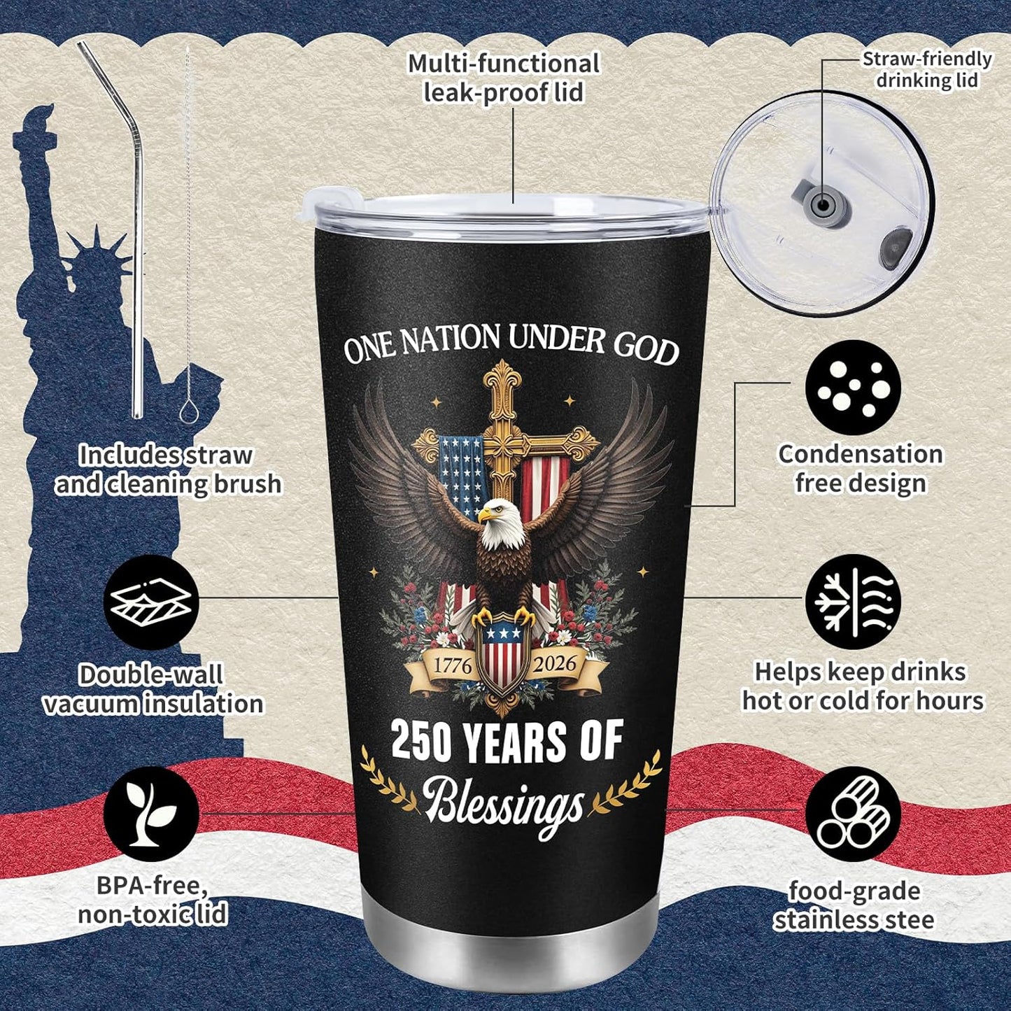 250 Years America Anniversary Tumbler, 20oz USA 250th Birthday Stainless Steel Insulated Tumbler, One Nation Under God Office Decor Desk Accessories Gifts for Coworkers