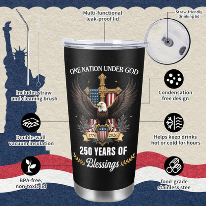 250 Years America Anniversary Tumbler, 20oz USA 250th Birthday Stainless Steel Insulated Tumbler, One Nation Under God Office Decor Desk Accessories Gifts for Coworkers
