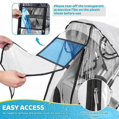 Universal Stroller Rain Cover, Waterproof Baby Travel Weather Shield with Clear Window, Breathable & PVC Poncho for Dust Snow Protection, Fits Most Standard Single Stroller Attachment