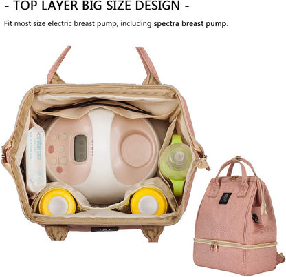 DiaperBreast Pump Backpack - Cooler and Moistureproof Bag Double Layer for Mother Outdoor Working Backpack with USB Charging Port, Large (Pink)