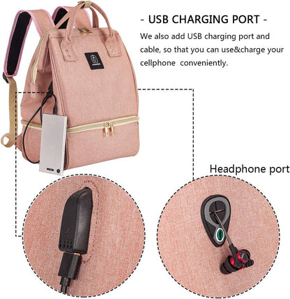 DiaperBreast Pump Backpack - Cooler and Moistureproof Bag Double Layer for Mother Outdoor Working Backpack with USB Charging Port, Large (Pink)