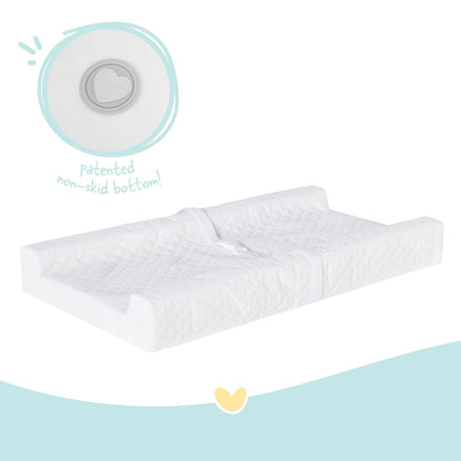Baby Basics Changing Pad with Non-Slip Grip System, Waterproof Diaper Changing Pad for Dresser or Changing Table, Contoured Infant Changing Pad with Safety Strap, White