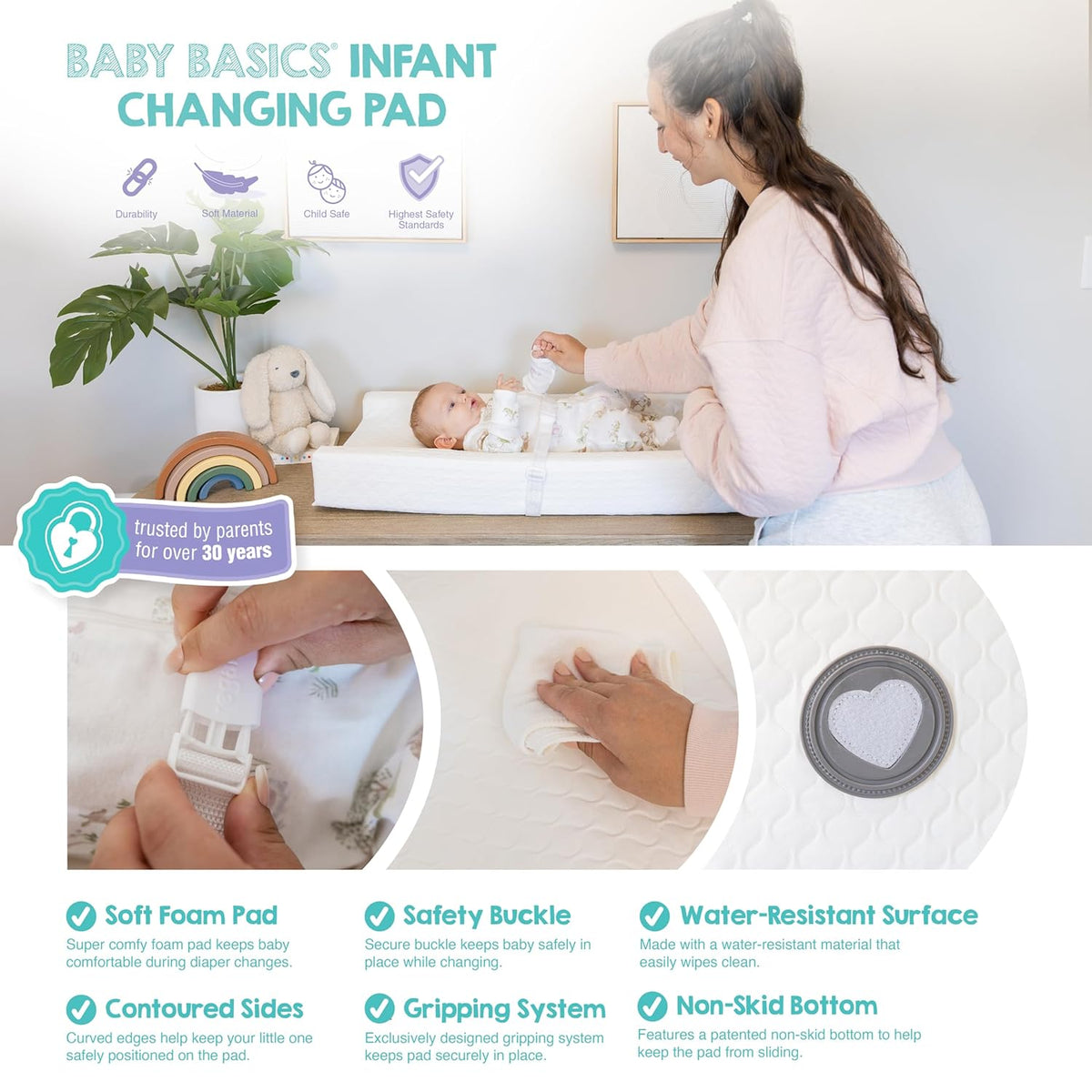 Baby Basics Changing Pad with Non-Slip Grip System, Waterproof Diaper Changing Pad for Dresser or Changing Table, Contoured Infant Changing Pad with Safety Strap, White