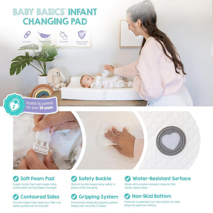 Baby Basics Changing Pad with Non-Slip Grip System, Waterproof Diaper Changing Pad for Dresser or Changing Table, Contoured Infant Changing Pad with Safety Strap, White