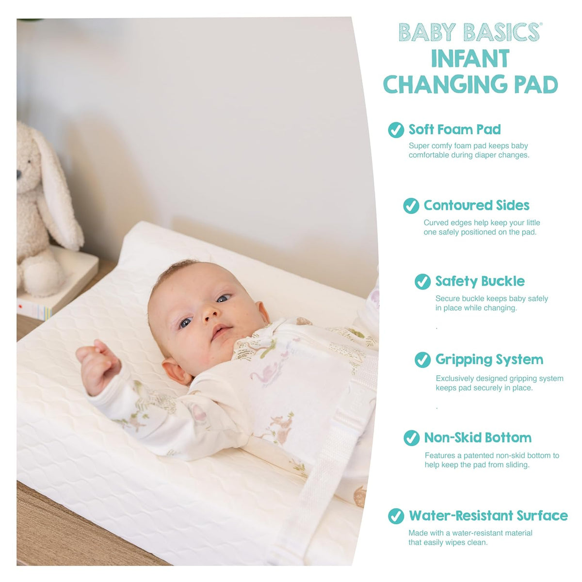 Baby Basics Changing Pad with Non-Slip Grip System, Waterproof Diaper Changing Pad for Dresser or Changing Table, Contoured Infant Changing Pad with Safety Strap, White