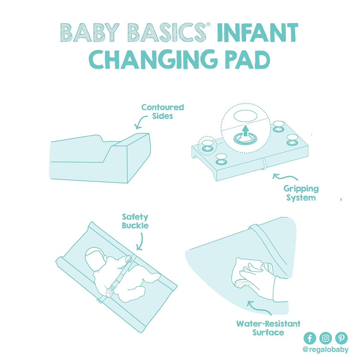 Baby Basics Changing Pad with Non-Slip Grip System, Waterproof Diaper Changing Pad for Dresser or Changing Table, Contoured Infant Changing Pad with Safety Strap, White
