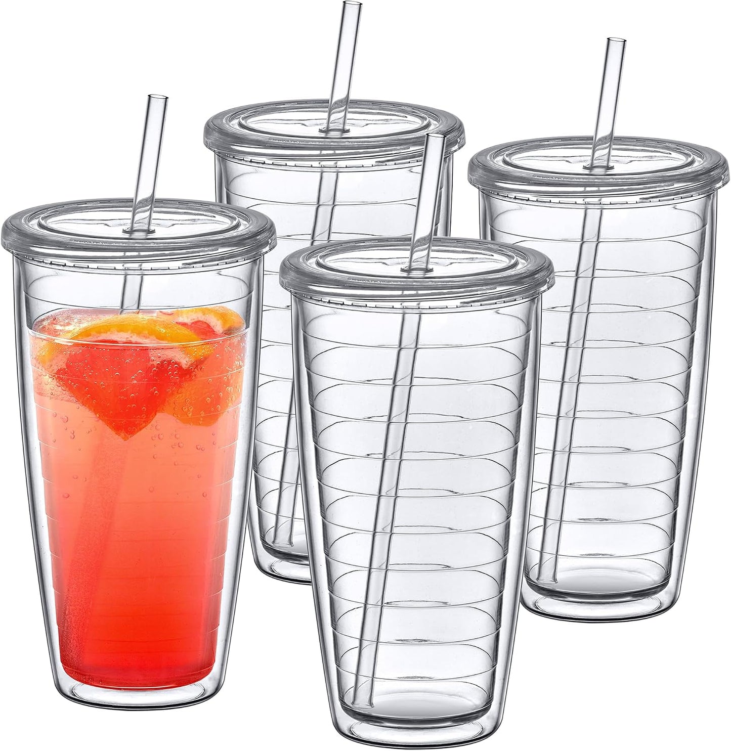 Alaska On-the-Go - 24-Ounce Insulated Plastic Tumblers with Lid and Straw (Set of 4), Double-Wall Travel Tumblers, All-Clear Drinking Glasses, BPA-Free, Shatter-Proof, Dishwasher-Safe