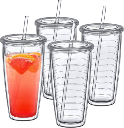 Alaska On-the-Go - 24-Ounce Insulated Plastic Tumblers with Lid and Straw (Set of 4), Double-Wall Travel Tumblers, All-Clear Drinking Glasses, BPA-Free, Shatter-Proof, Dishwasher-Safe