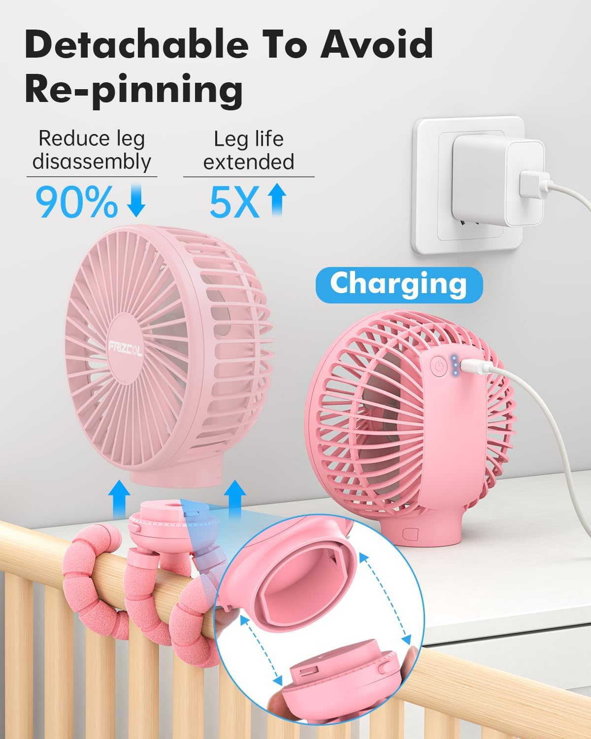 FRIZCOL Stroller Fan for Baby - Portable Fans Rechargeable - Battery Operated Fan(Use for 24Hrs) - Fan for Handheld/Clip On/Car Seat/Desk/Camping