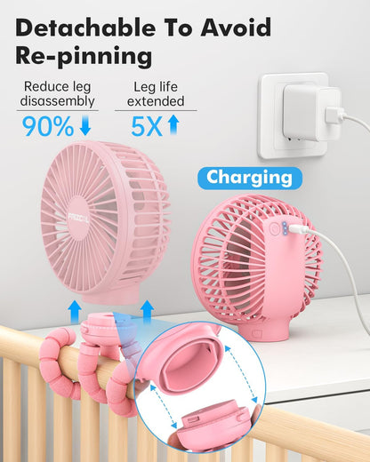 FRIZCOL Stroller Fan for Baby - Portable Fans Rechargeable - Battery Operated Fan(Use for 24Hrs) - Fan for Handheld/Clip On/Car Seat/Desk/Camping