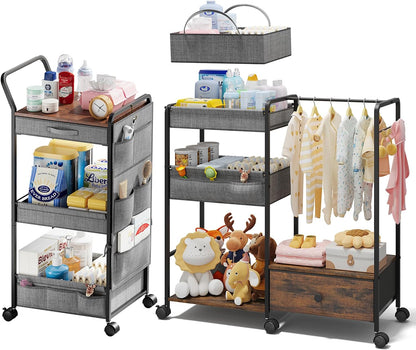 3in1 Diaper Caddy Organizer - Diaper Caddy & Rolling Diaper Cart for Nursery and Baby Essentials, Multi-Function Utility Cart for Bedroom and Bathroom(Gray Hanger&Pocket)