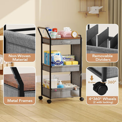 3in1 Diaper Caddy Organizer - Diaper Caddy & Rolling Diaper Cart for Nursery and Baby Essentials, Multi-Function Utility Cart for Bedroom and Bathroom(Gray Hanger&Pocket)