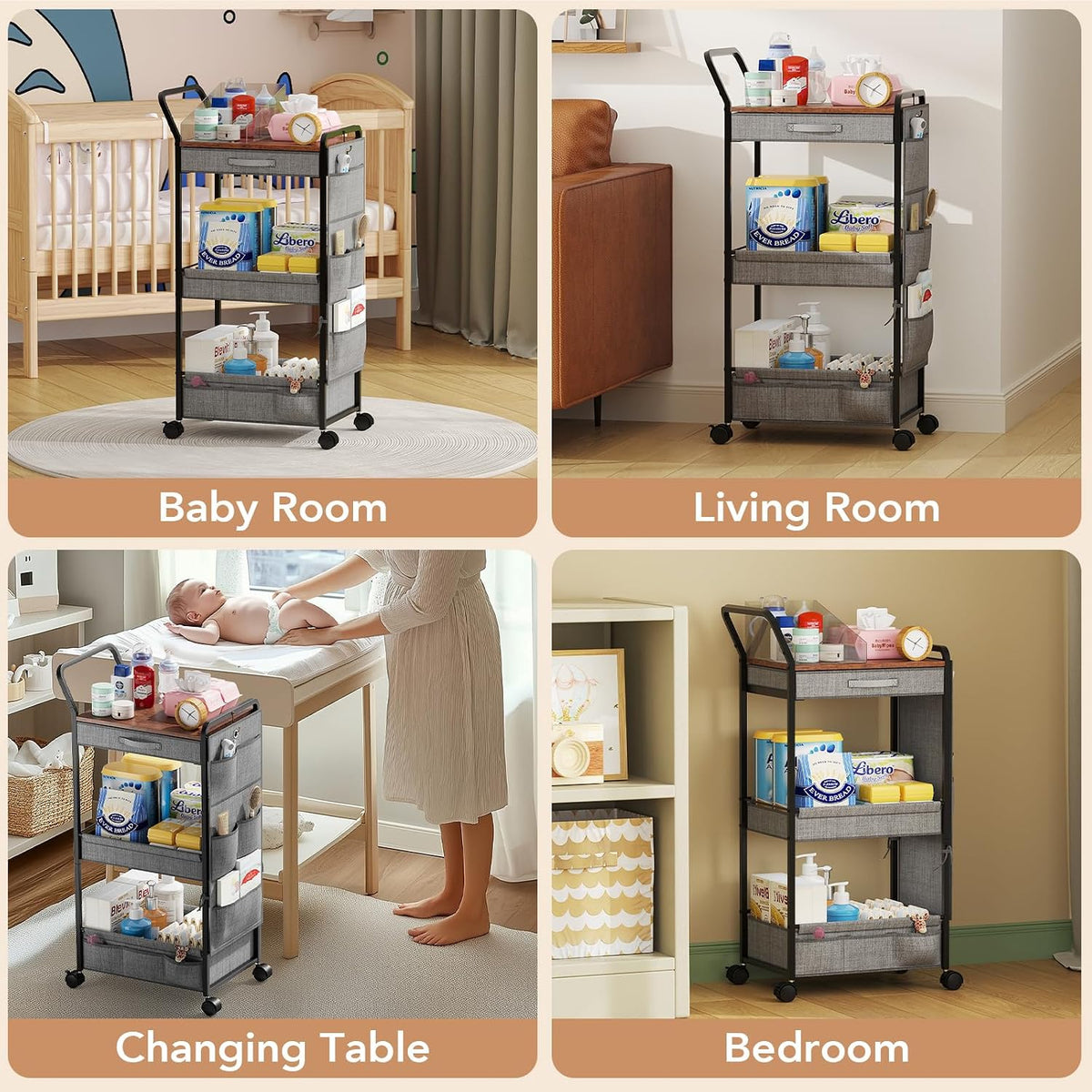 3in1 Diaper Caddy Organizer - Diaper Caddy & Rolling Diaper Cart for Nursery and Baby Essentials, Multi-Function Utility Cart for Bedroom and Bathroom(Gray Hanger&Pocket)