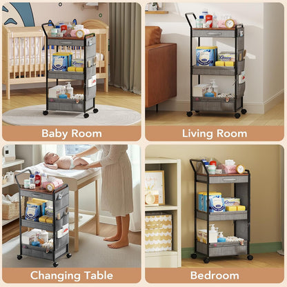 3in1 Diaper Caddy Organizer - Diaper Caddy & Rolling Diaper Cart for Nursery and Baby Essentials, Multi-Function Utility Cart for Bedroom and Bathroom(Gray Hanger&Pocket)