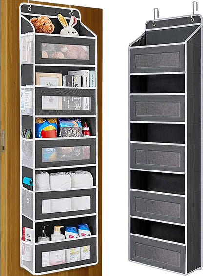 Over the Door Organizer with 5 Front Pockets and 5 Mesh Side Pockets, Extra Large Hanging Organizer for Over the Door Storage in Bedroom, Bathroom, Pantry, Nursery, Grey