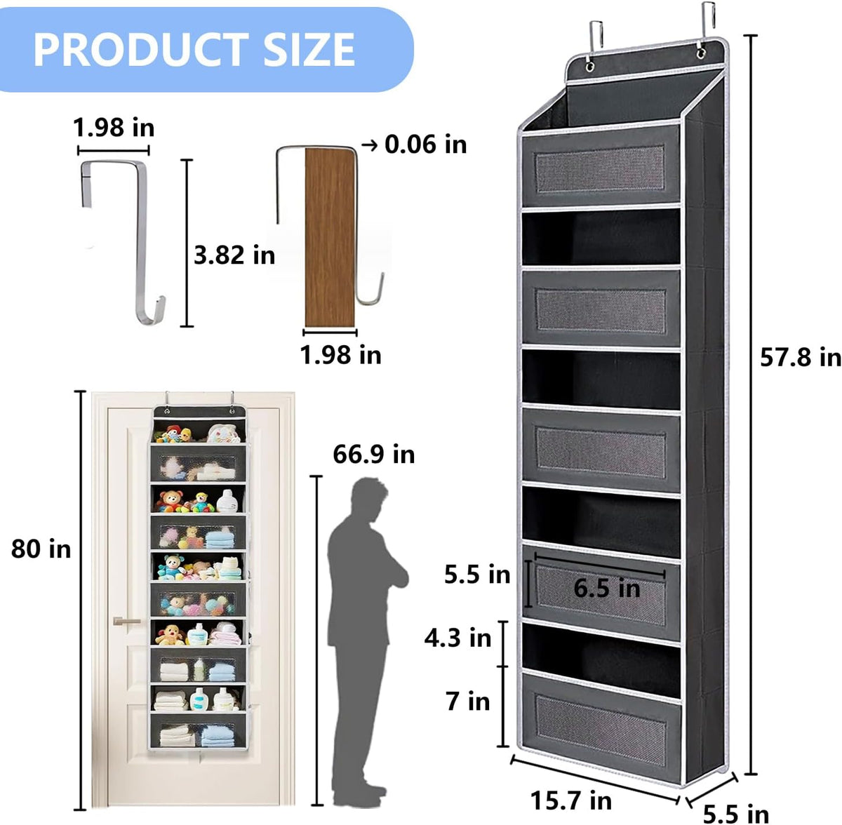 Over the Door Organizer with 5 Front Pockets and 5 Mesh Side Pockets, Extra Large Hanging Organizer for Over the Door Storage in Bedroom, Bathroom, Pantry, Nursery, Grey
