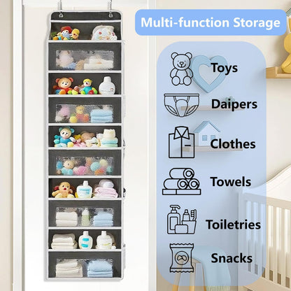 Over the Door Organizer with 5 Front Pockets and 5 Mesh Side Pockets, Extra Large Hanging Organizer for Over the Door Storage in Bedroom, Bathroom, Pantry, Nursery, Grey