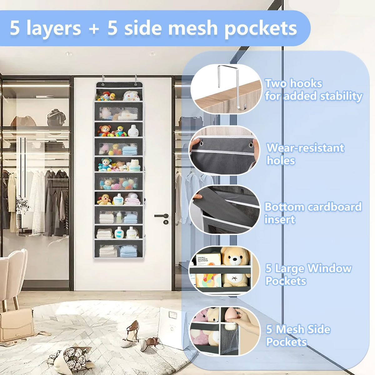 Over the Door Organizer with 5 Front Pockets and 5 Mesh Side Pockets, Extra Large Hanging Organizer for Over the Door Storage in Bedroom, Bathroom, Pantry, Nursery, Grey