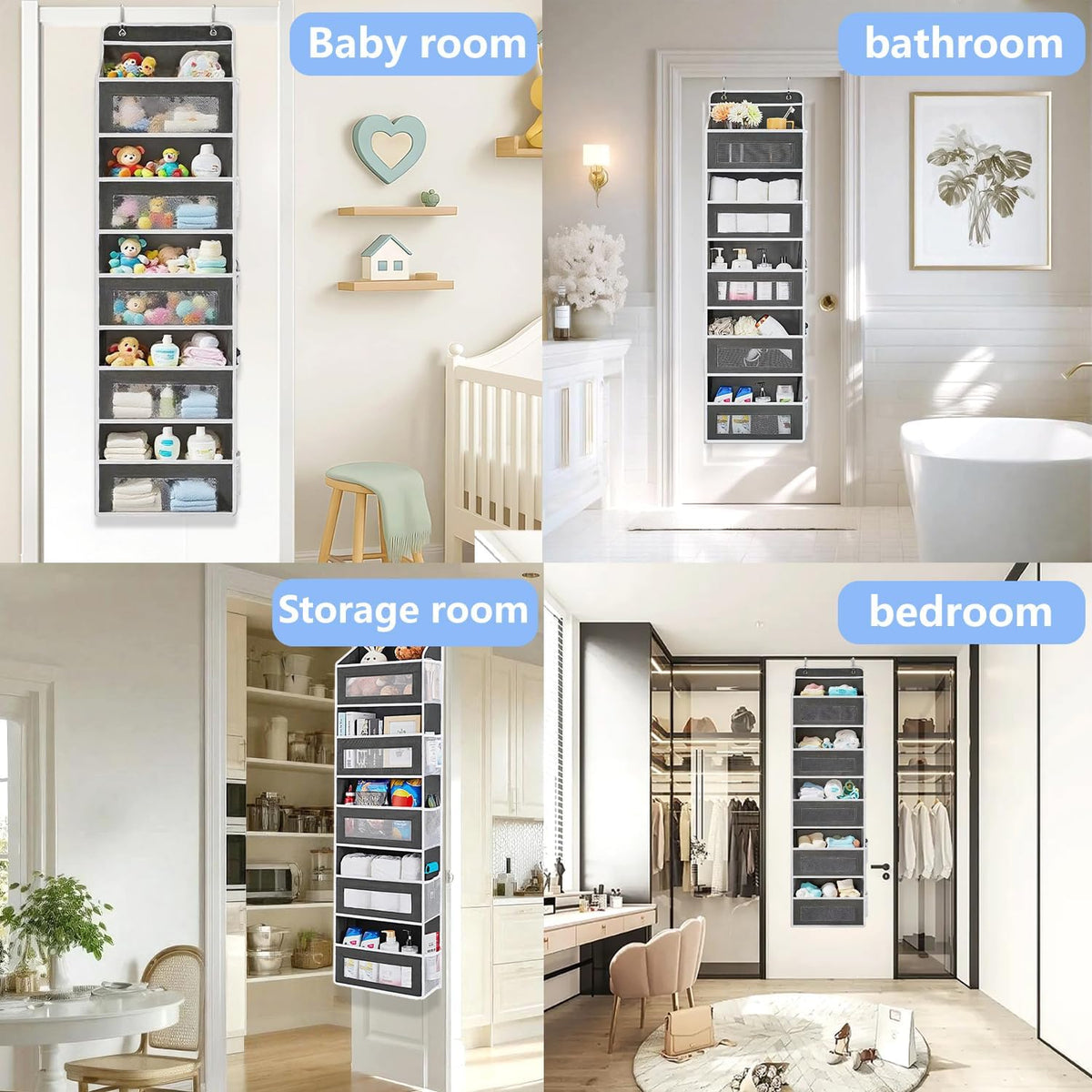 Over the Door Organizer with 5 Front Pockets and 5 Mesh Side Pockets, Extra Large Hanging Organizer for Over the Door Storage in Bedroom, Bathroom, Pantry, Nursery, Grey