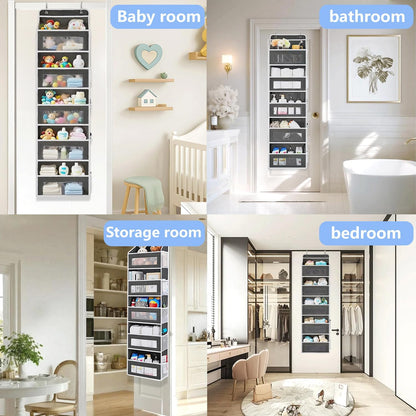 Over the Door Organizer with 5 Front Pockets and 5 Mesh Side Pockets, Extra Large Hanging Organizer for Over the Door Storage in Bedroom, Bathroom, Pantry, Nursery, Grey