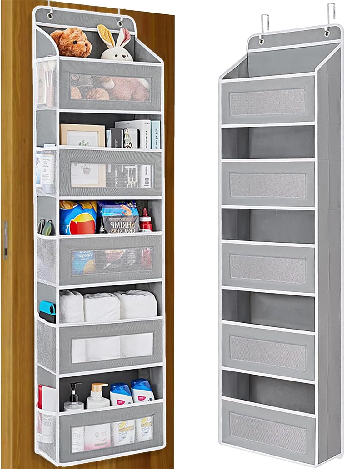 Over the Door Organizer with 5 Front Pockets and 5 Mesh Side Pockets, Extra Large Hanging Organizer for Over the Door Storage in Bedroom, Bathroom, Pantry, Nursery, Grey