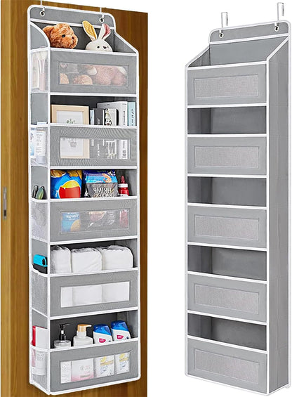 Over the Door Organizer with 5 Front Pockets and 5 Mesh Side Pockets, Extra Large Hanging Organizer for Over the Door Storage in Bedroom, Bathroom, Pantry, Nursery, Grey