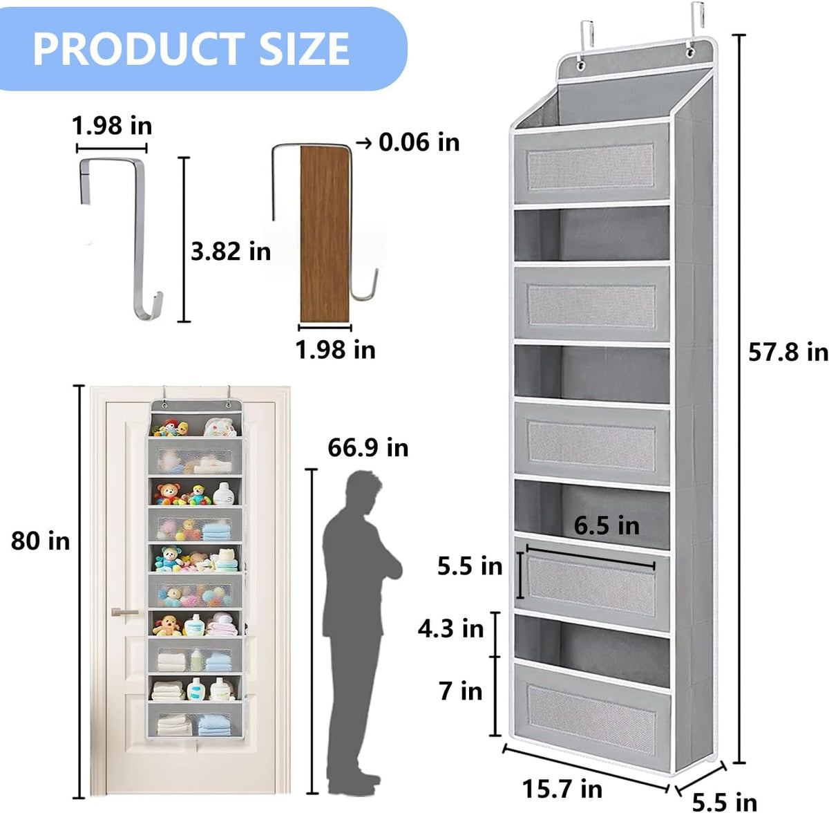 Over the Door Organizer with 5 Front Pockets and 5 Mesh Side Pockets, Extra Large Hanging Organizer for Over the Door Storage in Bedroom, Bathroom, Pantry, Nursery, Grey