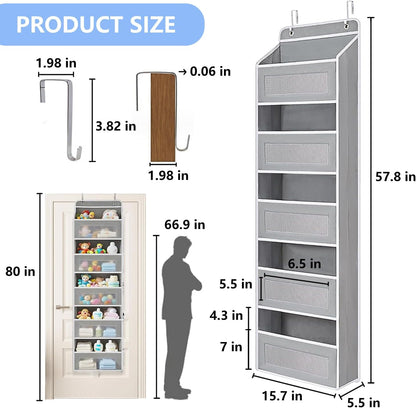 Over the Door Organizer with 5 Front Pockets and 5 Mesh Side Pockets, Extra Large Hanging Organizer for Over the Door Storage in Bedroom, Bathroom, Pantry, Nursery, Grey