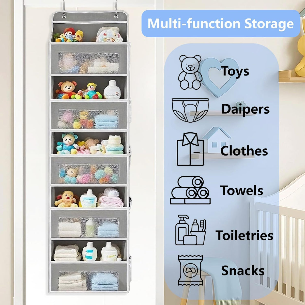 Over the Door Organizer with 5 Front Pockets and 5 Mesh Side Pockets, Extra Large Hanging Organizer for Over the Door Storage in Bedroom, Bathroom, Pantry, Nursery, Grey