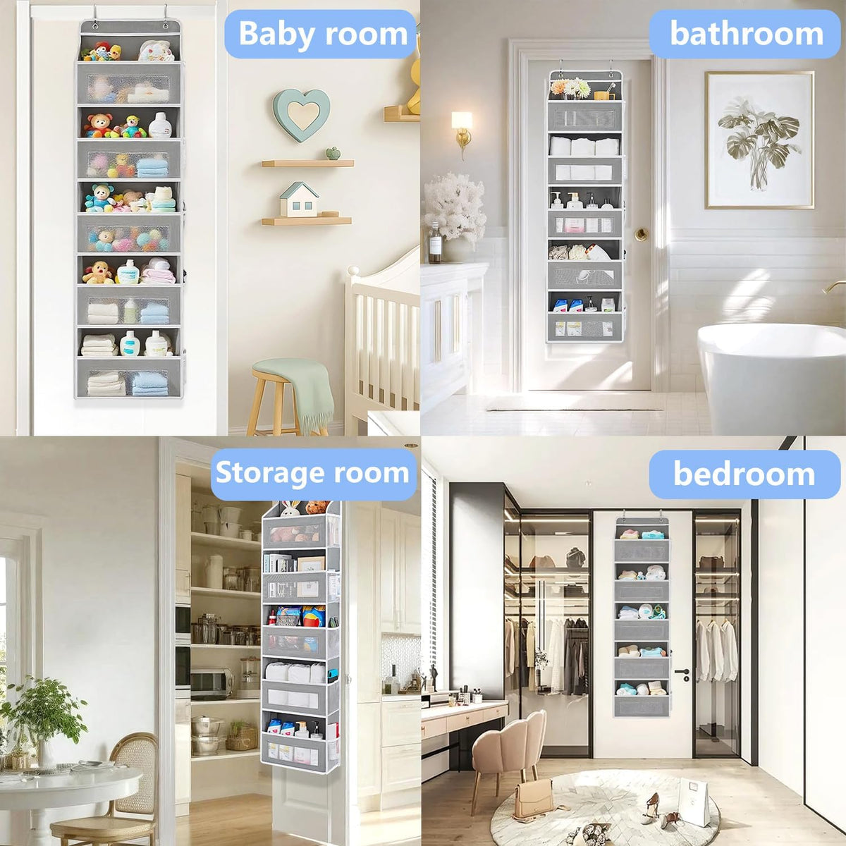 Over the Door Organizer with 5 Front Pockets and 5 Mesh Side Pockets, Extra Large Hanging Organizer for Over the Door Storage in Bedroom, Bathroom, Pantry, Nursery, Grey