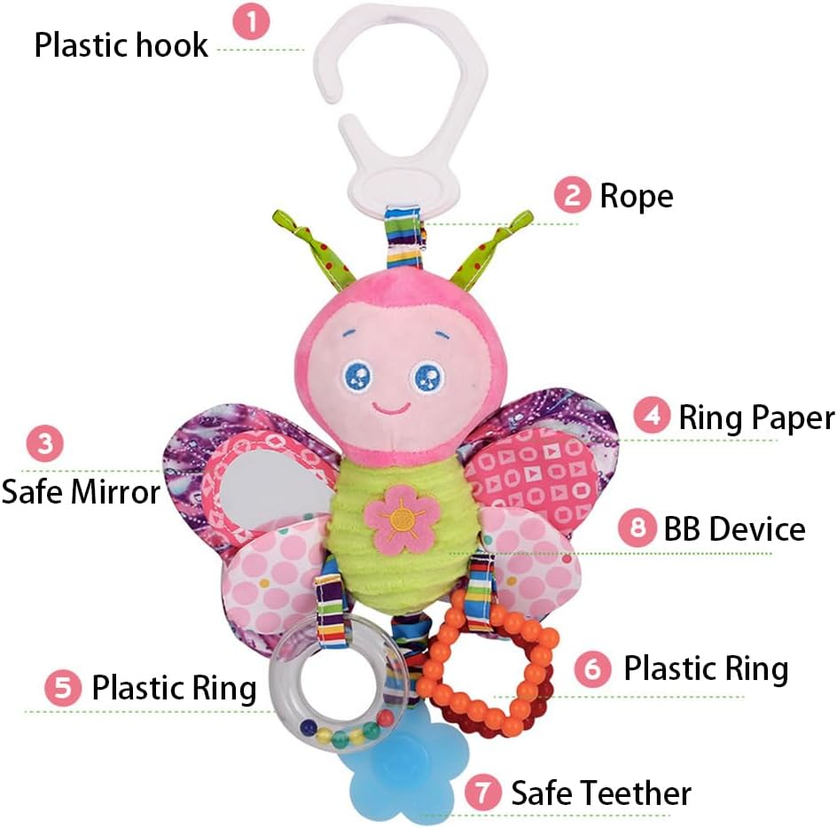 Baby Car Seat Stroller Plush Hanging Rattle Toys Newborn Crib Bed Around Toy with Teether Rattle Sound for 0-3 Years Old (Butterfly)