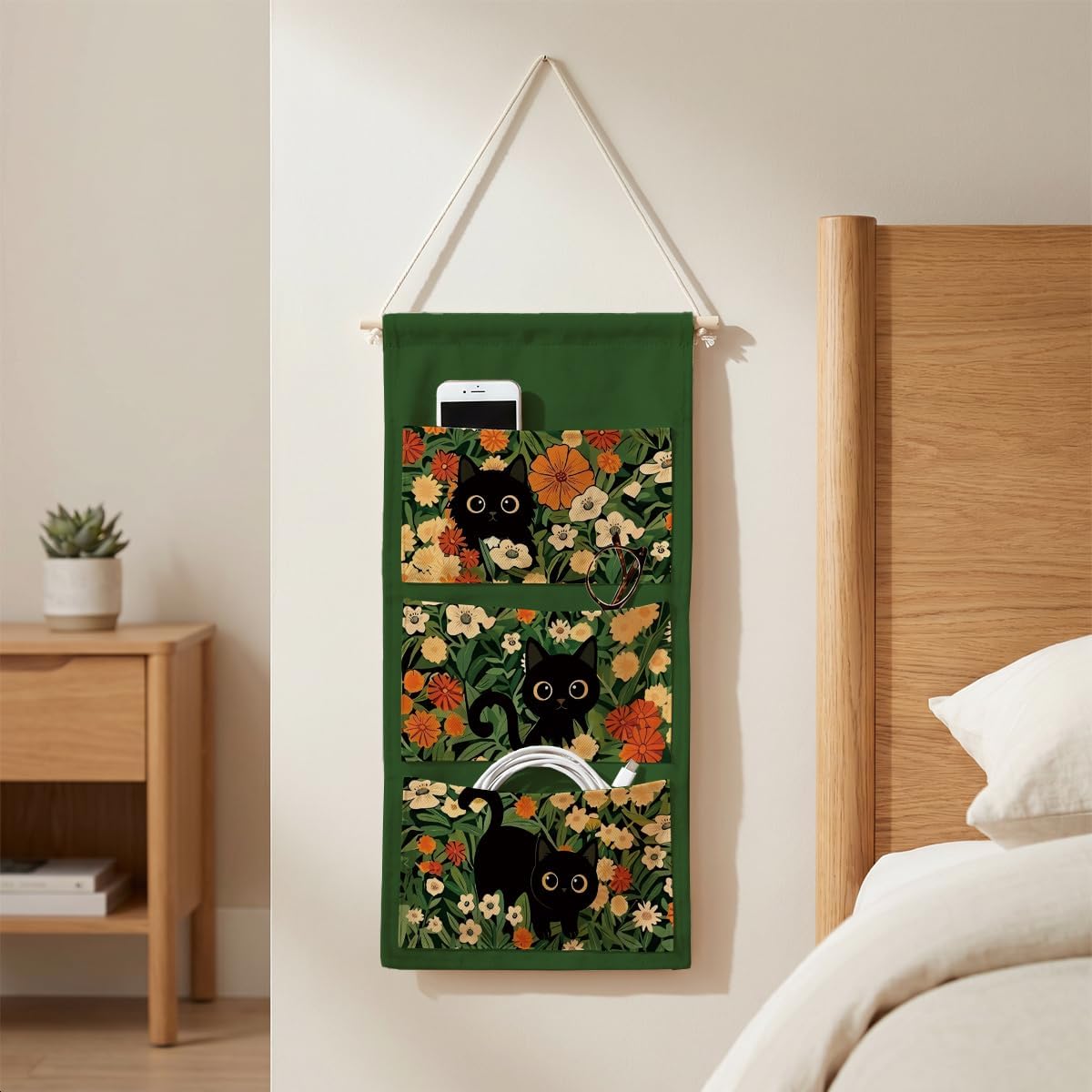 Canvas Wall Hanging Organizer with Pockets Fish Extender Hanging Pouch Dark Floral Door Closet Organizers Fabric Storage Pockets Wall Decoration