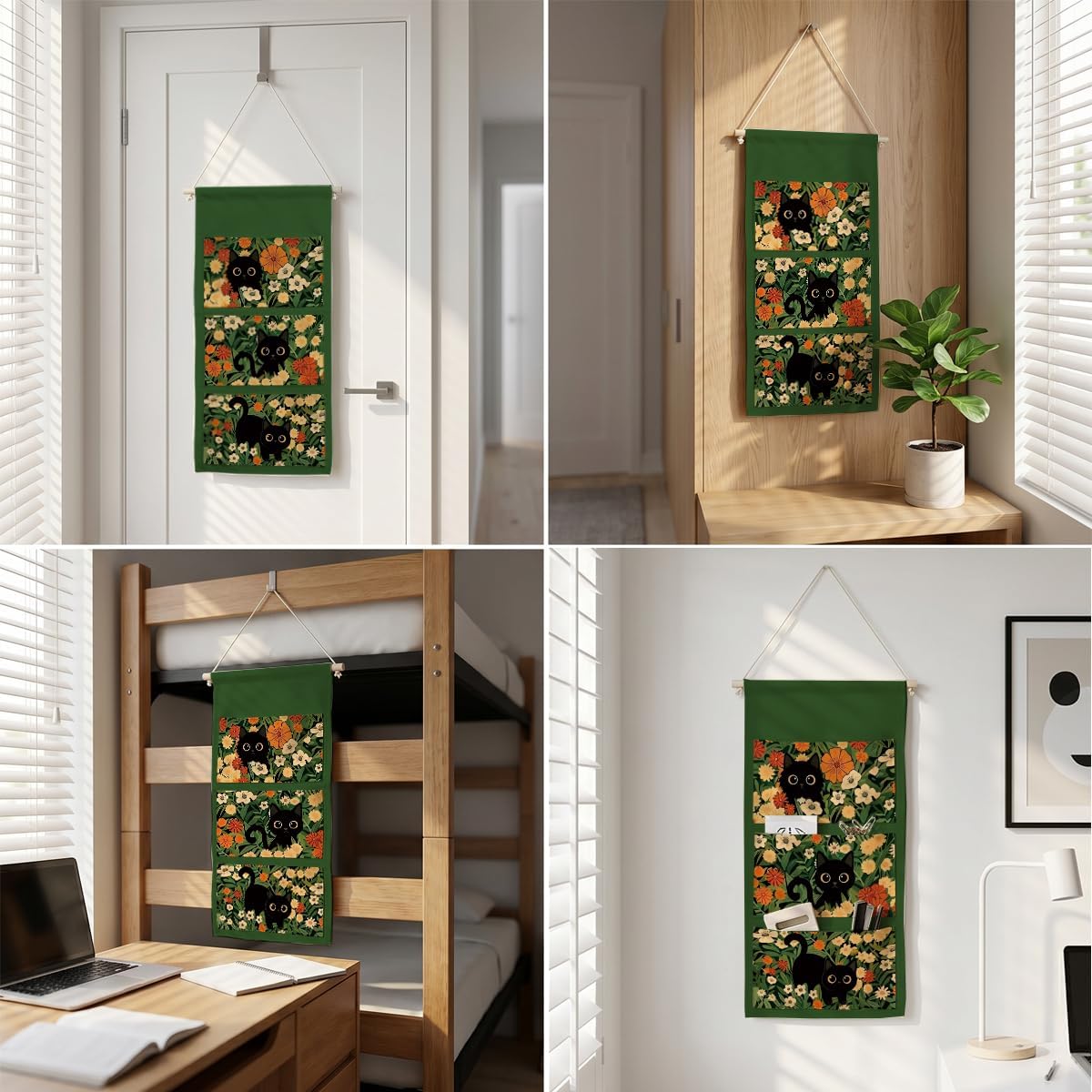 Canvas Wall Hanging Organizer with Pockets Fish Extender Hanging Pouch Dark Floral Door Closet Organizers Fabric Storage Pockets Wall Decoration